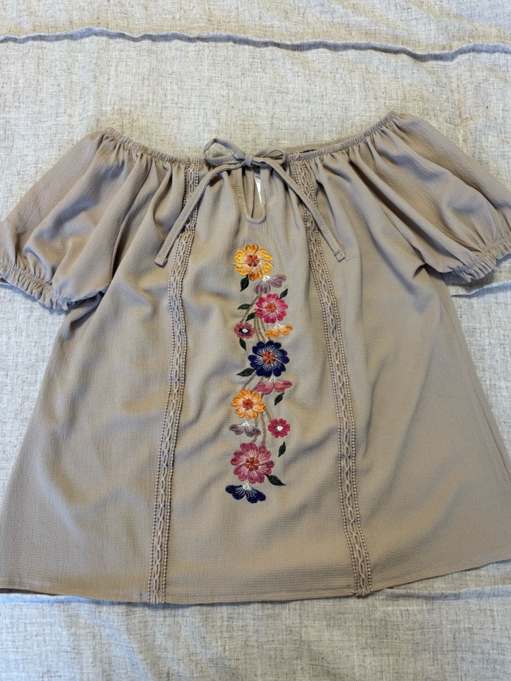 George Taupe Off-Shoulder Blouse with Floral Embroidery